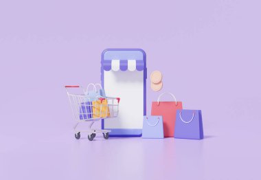 İnternetten alışveriş konsepti. Akıllı telefon uygulaması, alışveriş çantası mağazası pastel mor arka planda indirim, promosyon, satış, afiş, müşteri. 3d resimleme