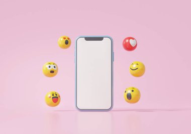 Akıllı telefon beyaz ekran platformu sosyal medya dijital pazarlama çevrimiçi konsepti. Şov emojisi, kalp, pembe arka planda yüzen bir gülümseme. Minimum çizgi film. 3d resimleme