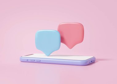 3D balon sohbet simgesi ya da mobil sosyal medya çevrimiçi kavramı ile yorum. Konuş, konuş, mesaj at, mesaj at, iletişim, en az çizgi film sevimli pembe arka plan, afiş, 3 boyutlu illüstrasyon