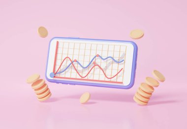 Finansal büyüme grafiği, iş geliştirme konsepti. Pembe arka planda yüzen cep telefonunun veri istatistik analizi optimizasyonu. Dijital online pazarlama. 3d resimleme 