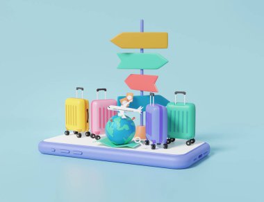 Minimum karikatür, izometrik bavul çevrimiçi seyahat, akıllı telefon, turizm, dünya turu planlama, tatil, yaz tatili konsepti. 3d resimleme