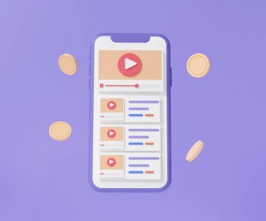 Mobil telefon modern video mor arka planda yüzüyor. Bozuk paralarla, pasif gelir konseptiyle. Kablosuz medya bağlantısı karikatürü, asgari, sosyal ağ. 3d resimleme