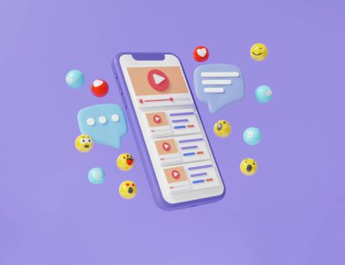 Sosyal ağ cep telefonu modern video konuşma içeriği ile emoji, pasif gelir kavramı. Kablosuz medya bağlantısı, çizgi film minimumu. 3d resimleme