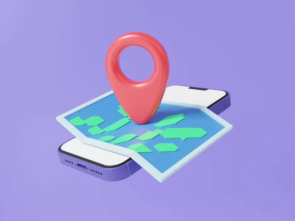 パステルパープルの背景に浮かぶスマートフォンに赤いポインタGpsの概念をマッピングします オンラインモバイルマップの住所地最小限の漫画 3Dレンダリング図 — ストック写真