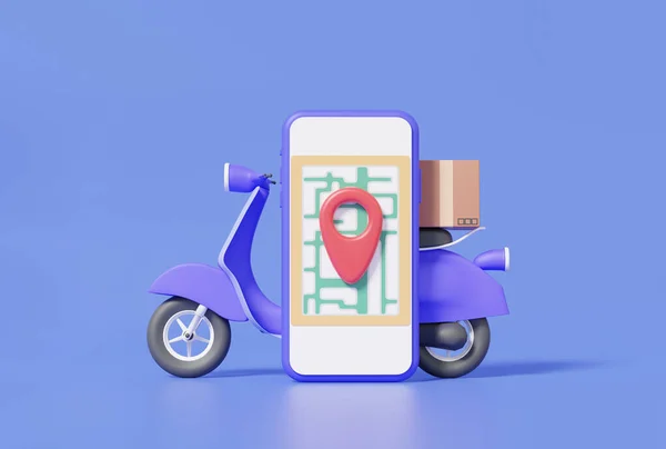 Map location search GPS on mobile phone, Navigation online delivery parcels box concept. Minimal cartoon pin pointer motorcycle scooter shipping on purple background. 3d render illustration