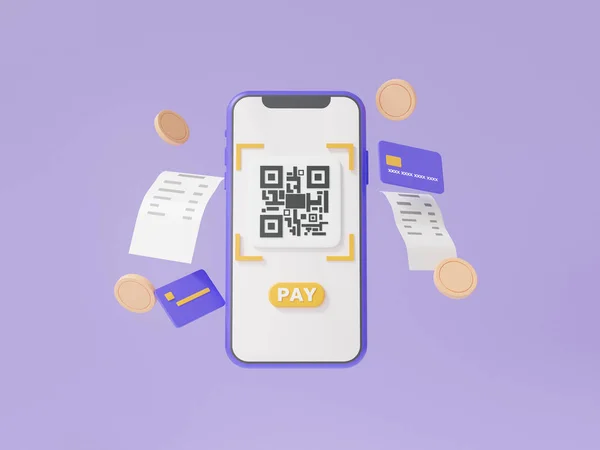 紫色の背景に浮かぶ請求書コイン付き携帯電話を介してQrコードスキャン お金やオンライン決済ショッピングの特別な概念を支払う デジタル取引金融 最小限の漫画 3Dレンダリング — ストック写真