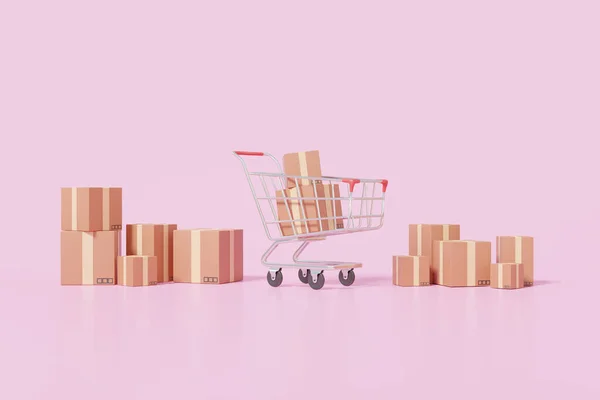 Render Bevásárlókosár Csomag Szállítási Halom Csomagok Doboz Rózsaszín Háttér Kocsi — Stock Fotó