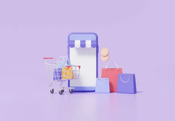 Шопінг Онлайн Концепція Додатком Смартфона Сумкою Покупок Магазині Пастельному Фіолетовому — стокове фото
