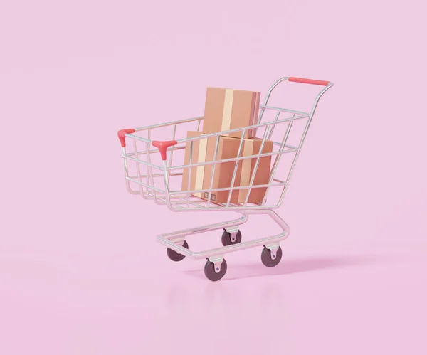 Bevásárlókosár Csomag Szállítási Csomag Doboz Rózsaszín Háttér Kocsi Logisztika Szállítási — Stock Fotó