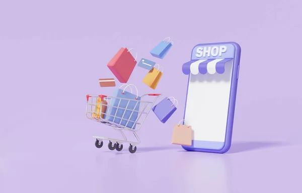 Shop Online Kaufkonzept Auf Mobilen App Warenkorb Mit Einkaufstasche Schwimmend — Stockfoto