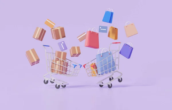 紫色のパステルカラーの背景に箱とショッピングバッグが浮かぶ2つのショッピングカート オンライン購入の概念を買物しなさい 割引プロモーションセールバナーウェブサイト 3Dレンダリングのイラストレシオ — ストック写真