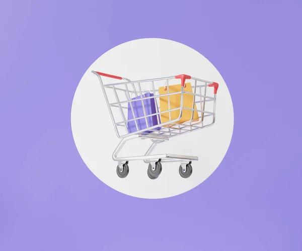 Trolley Bag Shopping Cart Floating Purple Pastel Background Transfer Exchange — Stock Photo, Image