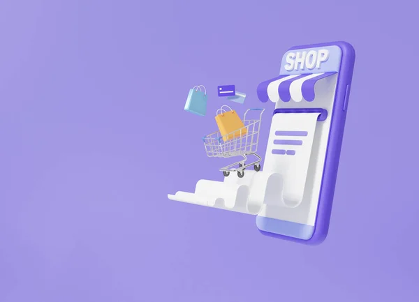 Білл Торговий Візок Плаває Фіолетовому Тлі Концепцією Смартфонного Магазину Інтернеті — стокове фото