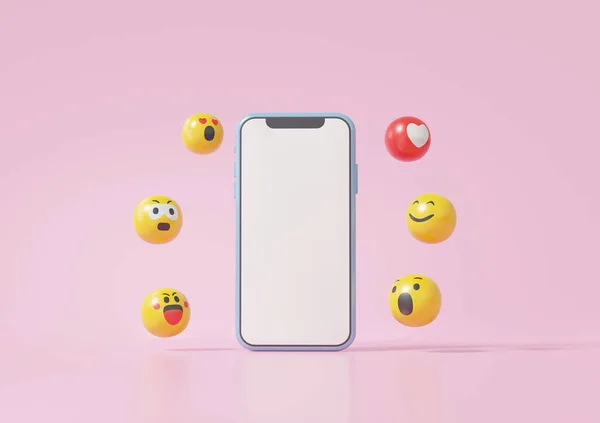 スマートフォンの白い画面プラットフォームをモックアップピンクの背景に浮かぶ笑顔のようなショー絵文字 とソーシャルメディアデジタルマーケティングオンラインコンセプト 最小限の漫画 3Dレンダリング図 — ストック写真