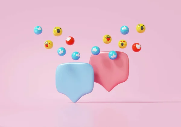 Bubble chat icon or comment Social media with emoji, heart, like, smile floating on pastel pink background. talk, chat, message, sms, communication, Minimal cartoon. 3d render illustration