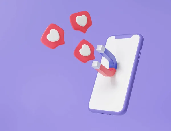 Uppmärksamhet Magnetiskt Hjärta Med Mobiltelefon Sociala Medier Innehåll Koncept Skapa — Stockfoto