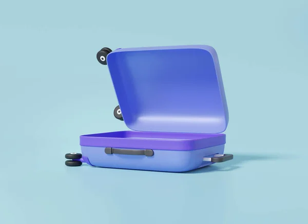 One open purple suitcase travel Tourism plane trip planning world tour on sky blue pastel background, leisure touring holiday summer concept. Minimal cartoon luggage. 3d render illustration