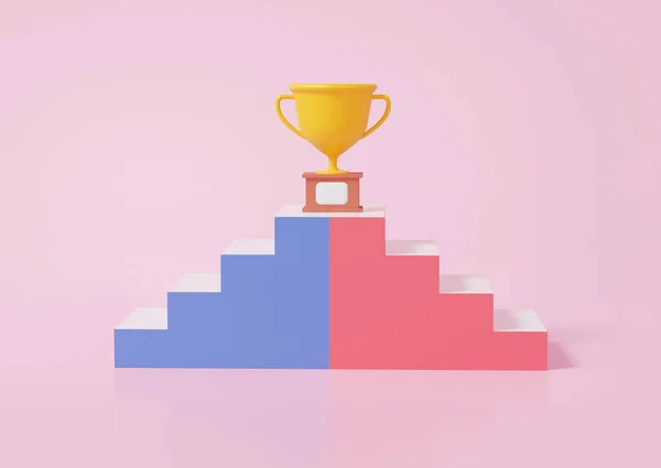 Team blue and red competition, staircase with trophy cup on pink background. congratulate champion. target successful prize. best 1st winner concept. 3d render illustration