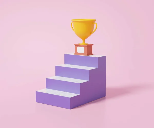 ピンクの背景にトロフィーカップと3D最小限の階段 チャンピオン 目標成功賞 1位のコンセプト 3Dレンダリング図 — ストック写真