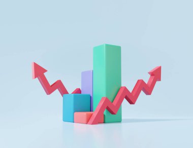 Gökyüzü mavisi arkaplanda 3d Arrow grafik simgesi minimal biçimi. Veri analizi iyileştirme istatistikleri finansal büyüme borsası yatırım geliştirme kavramı için. 3 Boyutlu resimleme