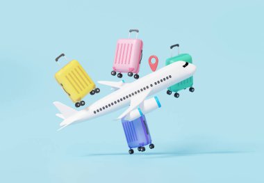 Gökyüzü mavisi arka planda yüzen uçak valizi. Pim işaretli harita rota konumu. Turizm seyahati tatil tatili konsepti. Çizgi film minimumu. 3d resimleme