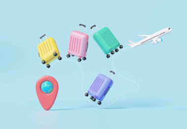 Minimum karikatür bavulu turizmi yüzen uçak kırmızı iğne işaretli harita rota konumu. Tatil gezisi yaz konsepti. Gökyüzü mavisi arka planda. 3d resimleme