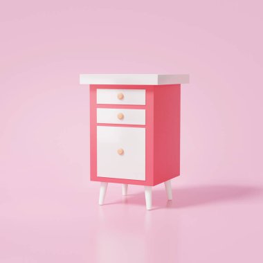 Pembe pastel arka planda en az karikatür dosya dolabı. dosya depolama tablosu. 3d resimleme