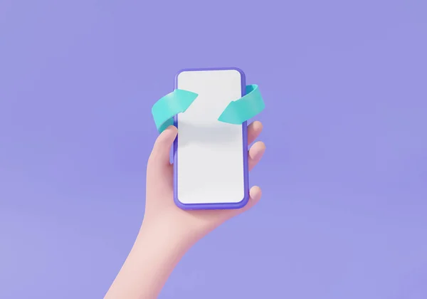 Рука Тримає Мобільний Телефон Стрілою Фіолетовому Пастельному Фоні Концепція Повернення — стокове фото