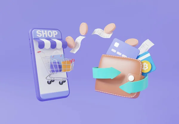 Cartoon Minimal Cash Back Wallet Shopping Online Refund Coins Debit — Stock Photo, Image