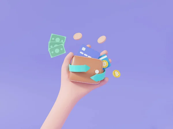 手を握る財布とクレジットデビットカード 銀行券 紫色のパステルカラーの背景に浮かぶコインビットコイン通貨 買い物代金の返金コンセプト キャッシュバック最小限の漫画かわいい滑らかな 3Dレンダリング — ストック写真