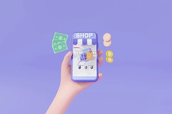 携帯電話の購入トロリー ショッピングカート 銀行券 紫色のパステルカラーの背景に浮かぶコインビットコイン通貨を保持する最小限の漫画の手 オンラインショッピングのコンセプトです 3Dレンダリング図 — ストック写真