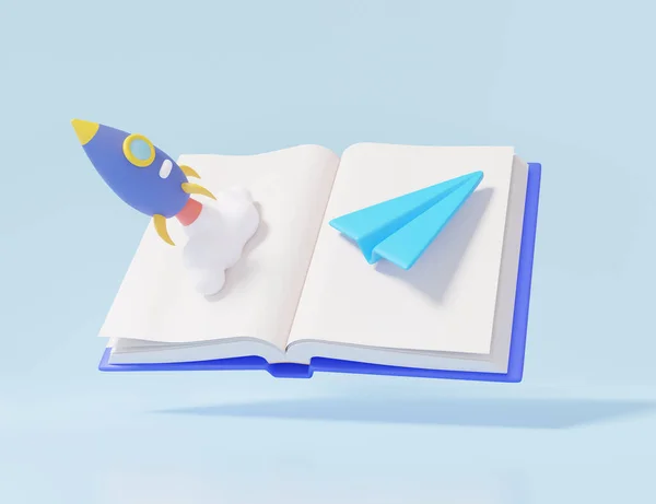 Innovation education on sky blue background. business investment start-up concept. open book spaceship rocket spewing smoke and paper airplane. cartoon minimal. 3d render illustration
