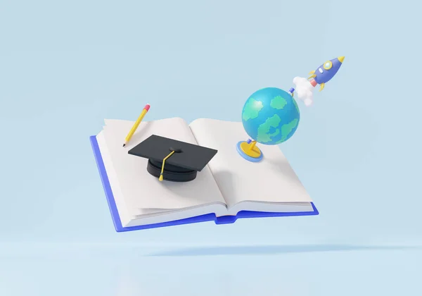 Render Open Book Graduation Cap Terrestrial Globe Innovation Education Concept — Stock Photo, Image