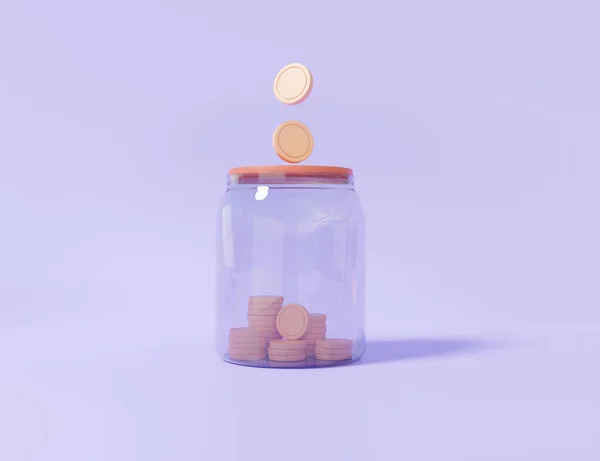 Caja Ahorros Maceta Vidrio Con Monedas Pila Sobre Fondo Pastel — Foto de Stock
