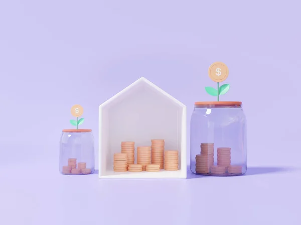 Minimal cartoon economics finance education. family home estate financial earning funding concept. Business profit investment, save money cost reduction on purple background. 3d rendering
