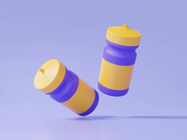 Mor pastel arka planda yüzen iki mineral suyu şişesi ikonu. diyet ve fitness sağlık hizmetleri, sağlıklı konsept. Çizgi film çok az tatlı. 3d resimleme