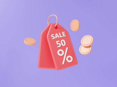 Mor arka planda yüzen bozuk para indirimli asgari kırmızı etiket fiyat simgesi, özel promosyon kuponu, online alışveriş konsepti. 3d resimleme