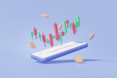 Kripto para ticareti smatphone ve büyüyen hisse senedi para transferi veri aktarımı finans sektörü, yatırım tüccarı kavramı. mavi pastel arka plan. 3d resimleme