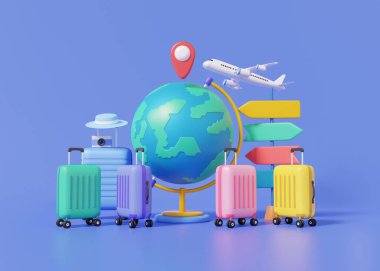 Çizgi film, uçak seyahati, uçak turizmi, dünya turu, dünya turu valizleri, karasal konum bavulu ve haritası, tatil turu yaz konsepti. 3d resimleme