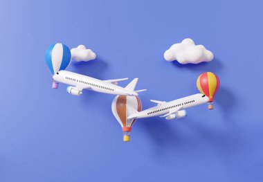 Turizm uçağı dünya turu planlama lojistik ulaşım teslimatı, uçakla seyahat hizmeti tatil yaz tatili konsepti. Minimum çizgi film. 3d resimleme