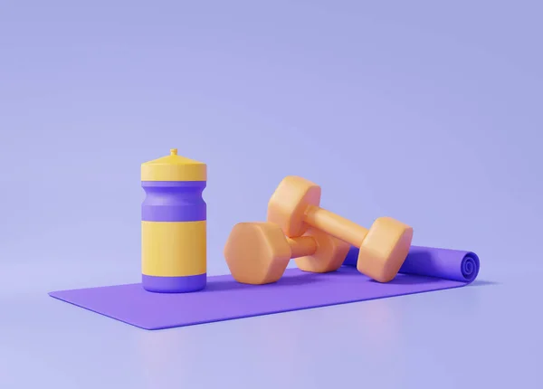 健身锻炼工具集运动装备与哑铃 瑜伽垫 矿泉水 健康的概念 紫色粉刷背景的最小卡通片 3D渲染说明 — 图库照片