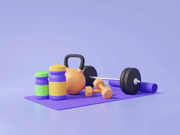 Fitness Übungs Set Sportgeräte Mit Kurzhantel Yogamatte Mineralwasser Gesundheitsvorsorge Gesundem — Stockfoto