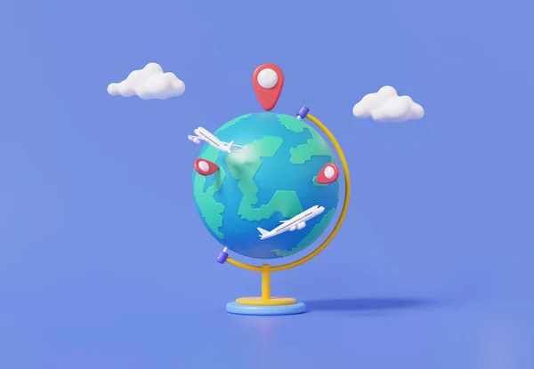 Terrestrial globe with flight airplane travel concept. tourism plane trip planning world tour luggage, Cartoon minimal pin map location clouds, leisure touring holiday summer. 3d render illustration