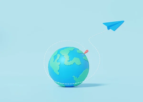 蓝纸飞机上的蓝天背景标记地图钉地位置 小漫画可爱光滑 创意视觉导航教育学习理念 3D渲染说明 — 图库照片