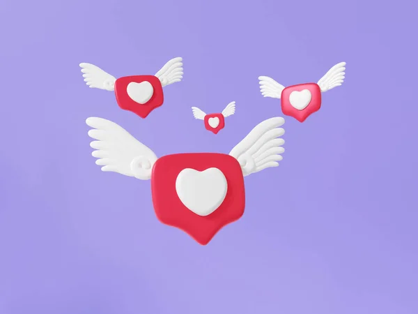 最小限の漫画の赤いハートの翼は紫色の背景に飛ぶ ソーシャルメディアの概念です デジタルマーケティング プラットフォームウェブサイト 3Dレンダリング図 — ストック写真