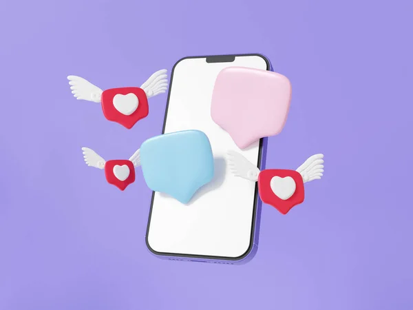 Bubble Chat Nebo Komentář Mobilní Telefon Srdce Křídly Létat Sociální — Stock fotografie
