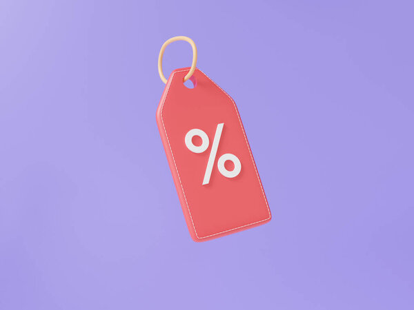 Red tag price icon with percentage floating on purple background offer hot discount coupon, Special promotion sale, online shopping concept. 3d rendering illustration