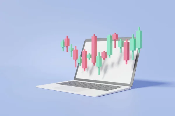 3D笔记本电脑模型投资交易加密货币交易者的概念 和成长中的股票 数据交换 金融业务背景为蓝底 3D渲染说明 — 图库照片