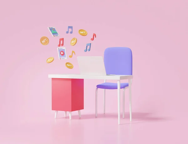 디지털 컨셉을 팔아라 집에서 일하기 노트북 의자가 테이블 비디오 Nft — 스톡 사진