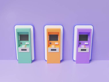 3D izometrik ağ uygulaması internet bankacılığı üç ATM otomatik emanet makinesi yeşil, turuncu, mor, cep telefonu para transferinde. Finansal online işlem. 3d resimleme